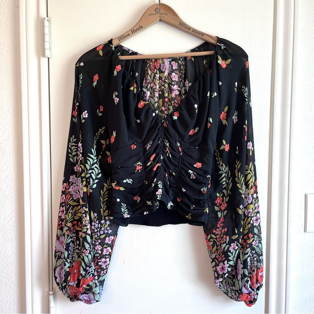Free People Final Rose Blouse Women Size Small Black Floral Balloon Sleeve Boho